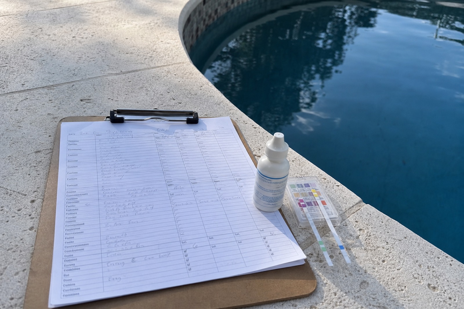 A clipboard service log with handwritten chemistry readings and pool test strips resting on a pool deck.